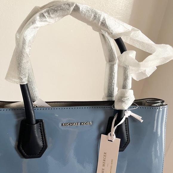 Michael Kors Mercer Convertible Large Patent Leather Tote (Denim) - Picture 2 of 9